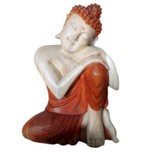Hand carved Buddha statue made from Suar wood, showcasing intricate details.