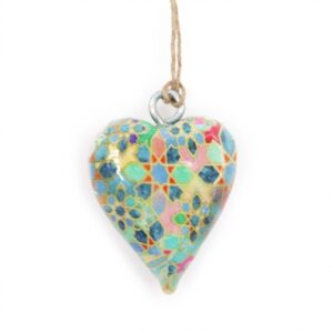 Small wooden heart decor featuring a Mediterranean tile pattern.