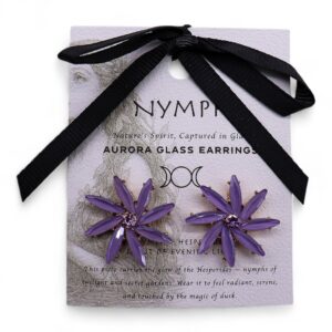 Elegant vintage glass earrings with lavender petals and stainless steel accents.