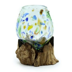 Handcrafted medium bowl with vibrant glass and natural wood base.