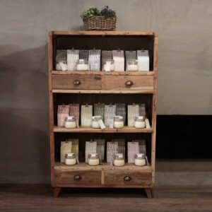 Hand-crafted recycled wood shelf display with rustic finish and multiple storage options.