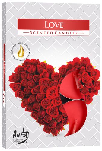 Set of six tealights in a decorative box, infused with love-inspired scents.