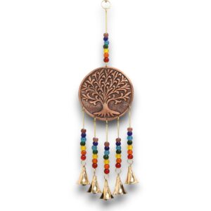 Indian chimes featuring a Tree of Life design with chakra beads and five golden bells.