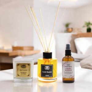 Scented Home Bundle featuring a reed diffuser, room spray, and candle.