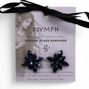 Elegant jet black vintage glass earrings with floral design and stainless steel accents.