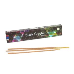 Satya Black Crystal Incense sticks in a hologram box with herbal fragrance.