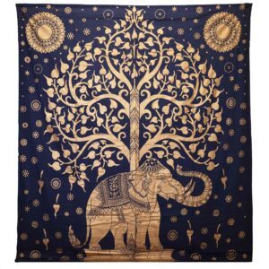 Blue and gold double cotton bedspread featuring an elephant and tree design.