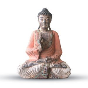 Hand carved vintage orange Buddha statue, perfect for home decor and meditation.