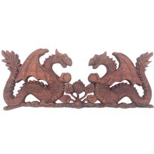 Hand-carved two facing dragon plaque made from Suar wood, showcasing intricate details.