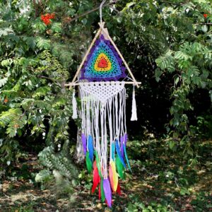 Colourful multi pyramid Bali dream catcher for home decor and spiritual ambiance.