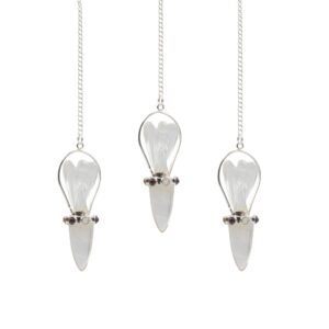 Clear quartz angel pendulum with chakra band, elegant spiritual tool.