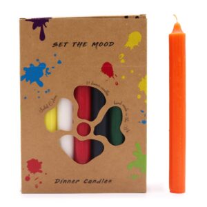 Vibrant solid colour dinner candles in a variety of hues for elegant dining.