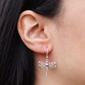 Elegant silver and gold dragonfly earrings with a hook fitting.