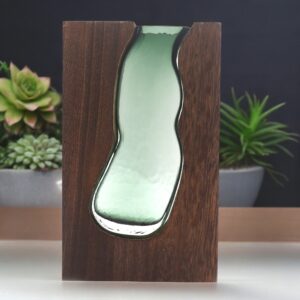 Elegant glass vase terrarium with dark tung wood base, ideal for home decor.