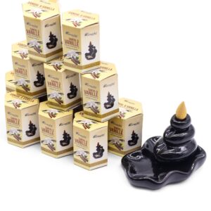 Hexagon-shaped box containing 10 sandalwood and vanilla backflow incense cones.
