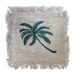 Linen cushion cover featuring a palm tree design with fringe detailing.