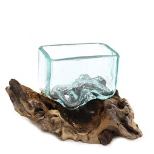 Small molten glass bowl on a wooden stand, perfect for home decor.