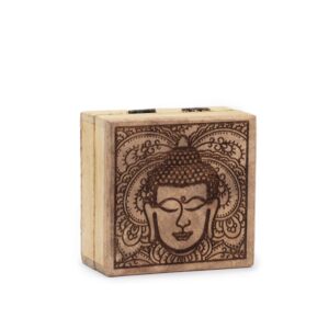 Black engraved Buddha face on a small square box, perfect for gifts.