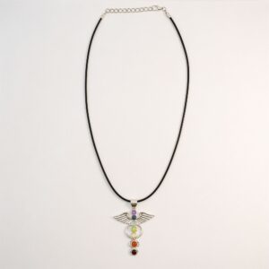 Silver plated Indian devotional pendant with angel wings and colourful stones.