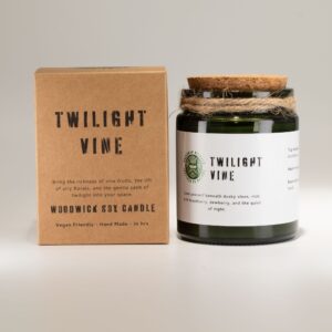 Greenman Woodwick Soy Candle in Twilight Vine scent with a calming design.