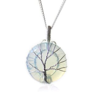 Tree of Life necklace featuring a shimmering opalite gemstone.