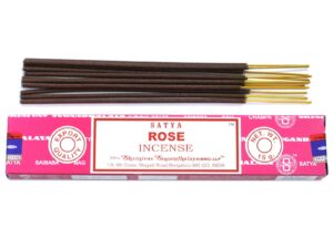 Hand-rolled Satya Rose incense sticks in recyclable packaging.
