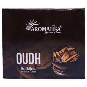 Pack of 10 Masala Backflow Incense cones in hexagon-shaped box with Oudh scent.