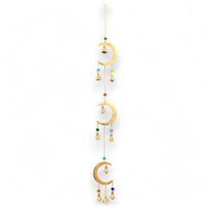 Handcrafted Indian chime featuring brass crescent moons and vibrant beads.