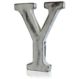 Handmade white letter 'Y' crafted from sustainable mango wood.