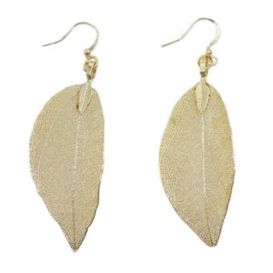Gold earrings shaped like real leaves, showcasing unique natural designs.