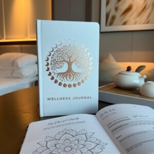 Elegant white wellness journal with a rose gold Tree of Life design.