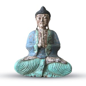 Hand carved vintage blue mint Buddha statue, perfect for home decor.