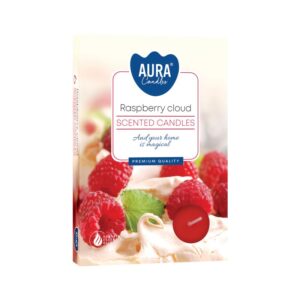 Set of 6 raspberry cloud scented tealights in decorative packaging.