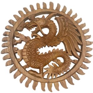 Hand-carved Winged Sun Dragon plaque in a circular sun motif.