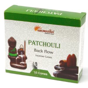 Backflow incense cones in a decorative box with patchouli scent.