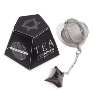 Black Obsidian raw crystal gemstone tea strainer with stainless-steel mesh.