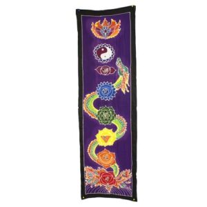 Batik wall art featuring a vibrant dragon design on fabric.