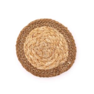 Set of four natural jute and cotton coasters with a natural border.