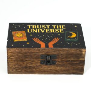 Medium mango wood box with enamelled lid featuring Trust the Universe design.