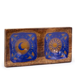 Enameled double trinket tray featuring sun and moon designs.