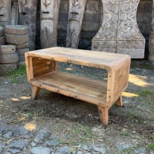 Hand-crafted small coffee table made from upcycled teak wood with rustic finish.