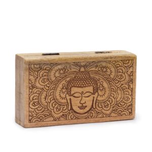 Black engraved Buddha face on a square box for home decor and gifting.