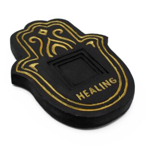 Elegant black and gold lava-stone effect incense plate for mindful living.