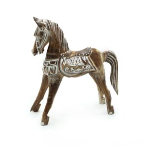 Antique horse sculpture with intricate carvings and a distressed finish.