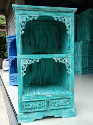 Turquoise wash Albasia bathroom cabinet with spacious drawers.