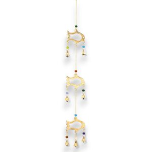 Colourful Indian chimes featuring brass fish and seven bells for soothing sounds.