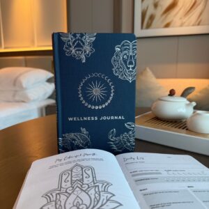Midnight Blue Wellness Journal with silver zodiac-inspired cover design.