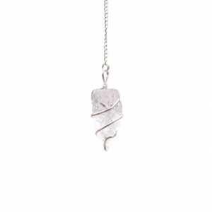 Raw rock quartz pendulum with a natural rough-cut finish and silver-tone spiral.