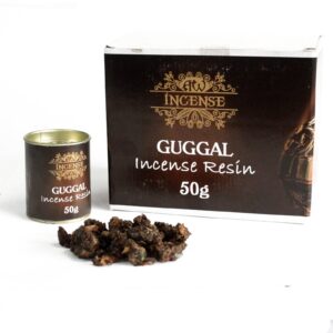 50g tub of Guggal Resin for incense burning with a smoky aroma.