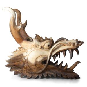 Intricately detailed life-size dragon head carving made from Suar wood.